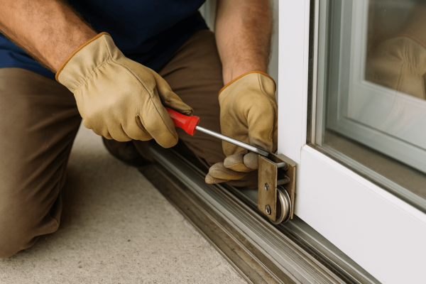 Close-up view of someone repairing the rollers on a sliding glass door houston