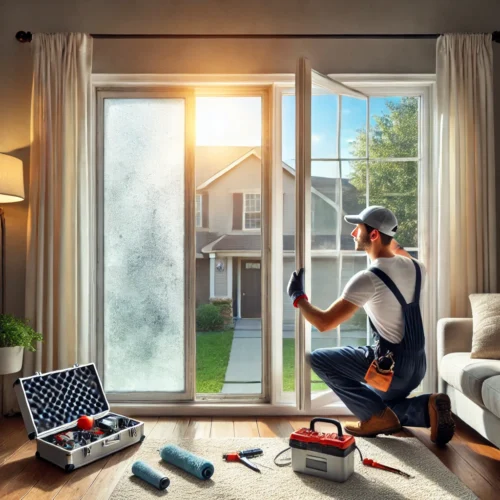 Professional technician conducting a draft test on a Houston home window with thermal imaging
