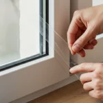Person installing window seal tape along the frame to improve insulation in a residential window.