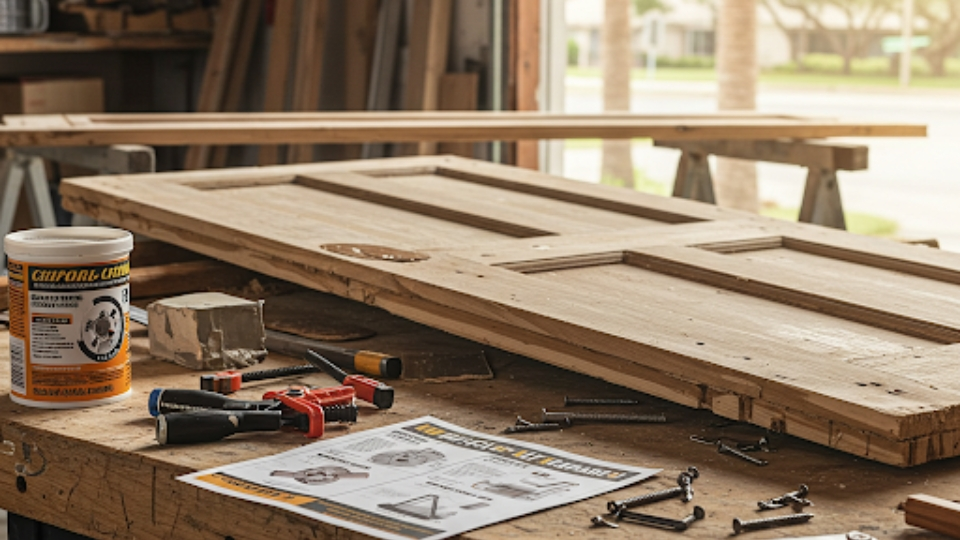 Close-up of DIY door frame repair tools and wood filler setup on a workbench in a Houston workshop