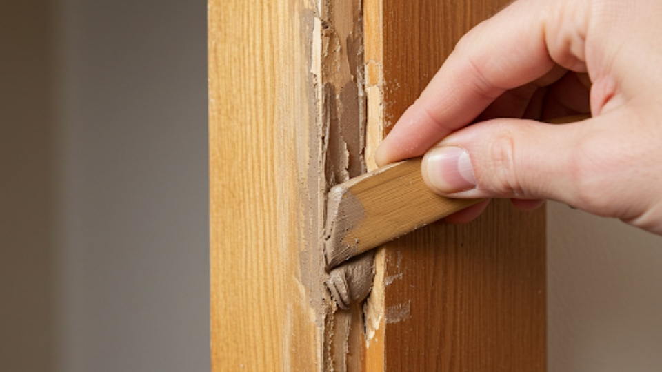 Close-up of a person applying wood filler to a door jamb.