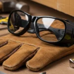 Close-up of protective goggles and work gloves placed next to hand tools for safe door jamb repair work Windows and Doors Repair Houston