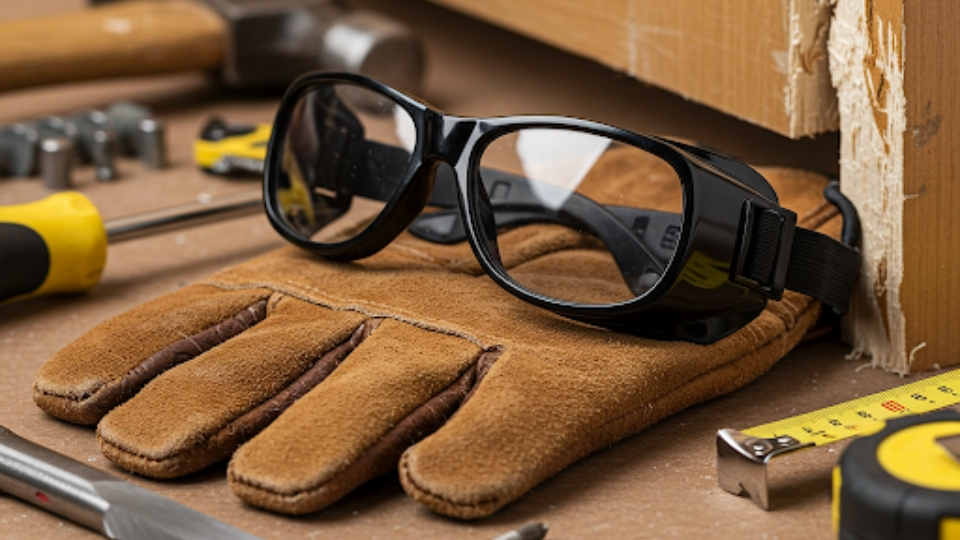 Close-up of protective goggles and work gloves placed next to hand tools for safe door jamb repair work Windows and Doors Repair Houston