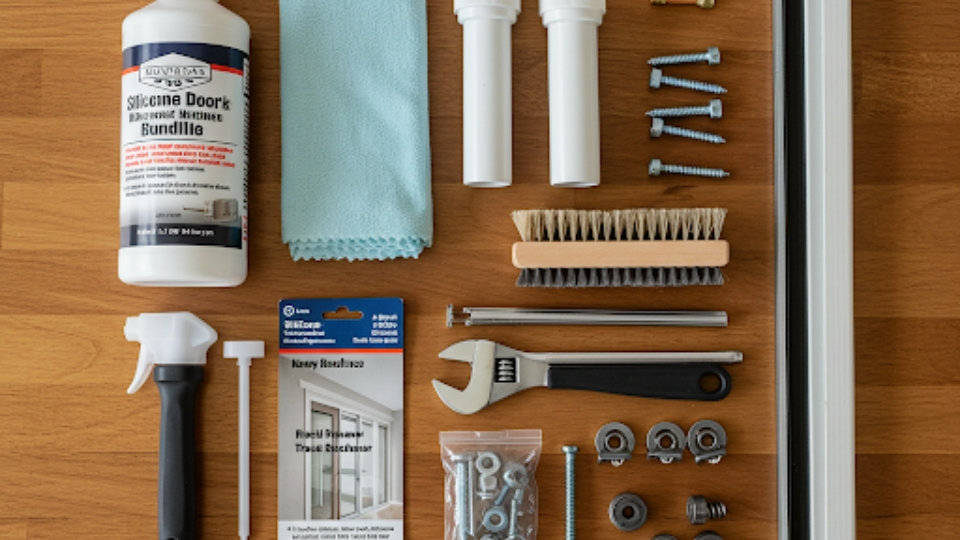 Complete sliding door maintenance bundle including tools, lubricant, and parts displayed on a table.