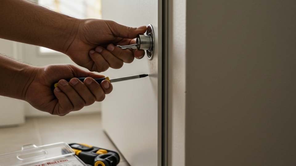 DIY enthusiast adjusting the alignment of a sliding door maintenance using tools and replacement rollers from a maintenance kit.