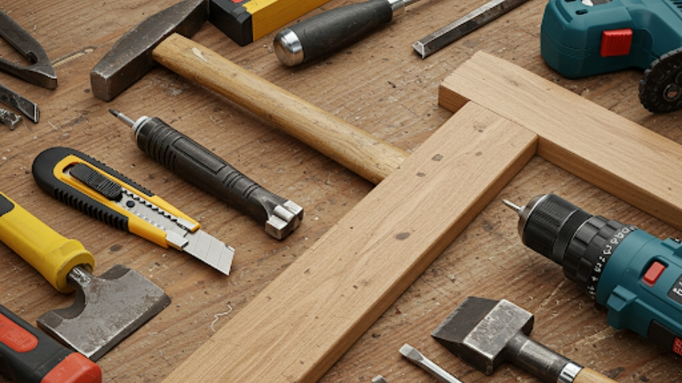 Essential door jamb repair tools laid out on a workbench.