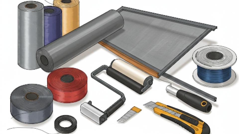 Essential tools and materials for window screen repair, including fiberglass mesh, spline roller, utility knife, and vinyl spline, with cost comparisons for different screen types and quality grades.