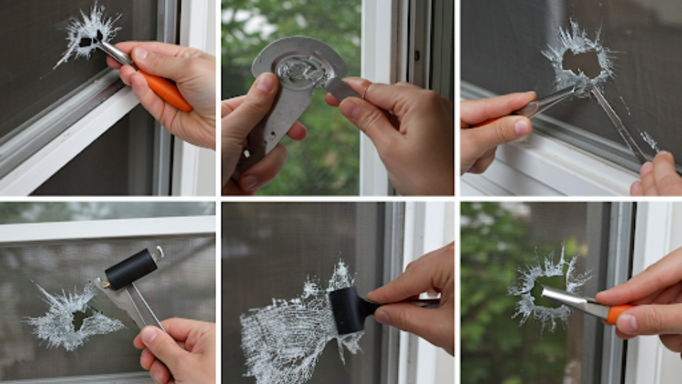 Examples of window screen damage and repair methods, including patching small holes with repair tape and performing full screen replacements using spline tool