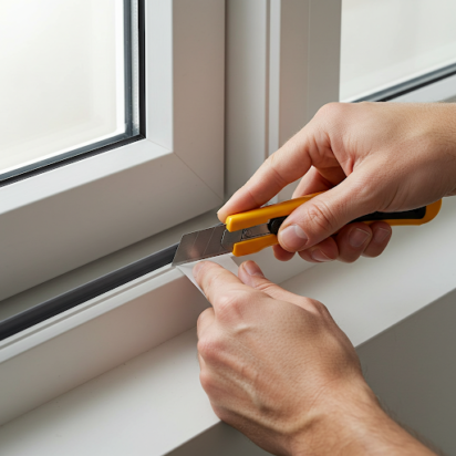 Hands installing window sealing tape along a clean window frame with a utility knife