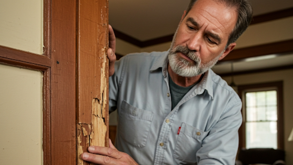 Homeowner inspecting a cracked door jamb