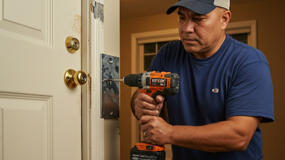 Person reinforcing a damaged door jamb with steel plate in a Houston home using a drill and door repair kit.