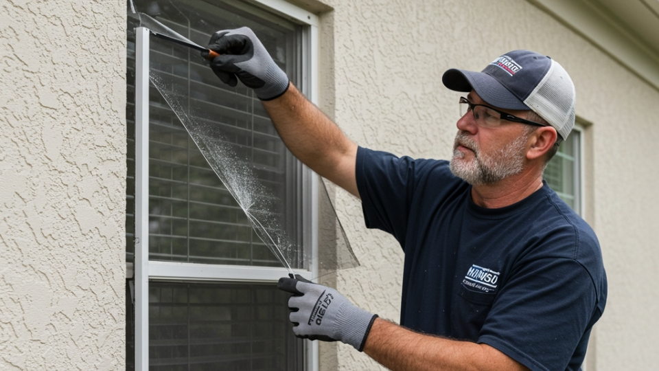 Professional technician replacing a torn window screen