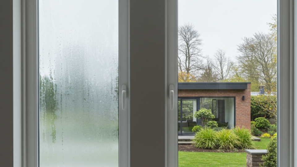 A side-by-side view comparing fogged double-pane window glass with moisture inside and a clear energy-efficient window in a modern home.