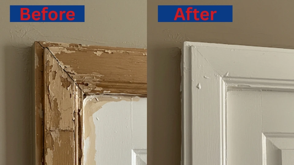 Before and after comparison of door jamb repair showing cost-saving restoration