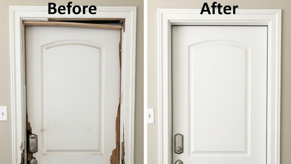 Before and after photos of professional door repair work in Houston home