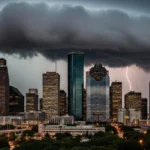 Dark storm clouds gathering over Houston skyline with lightning in the distance for Severe Thunderstorm