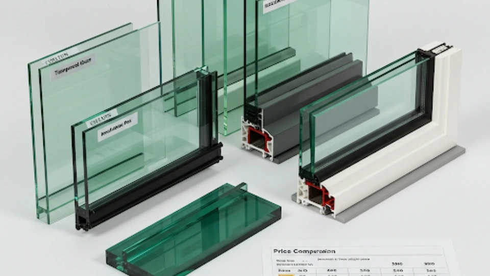 Different types of window glass samples with price comparison chart