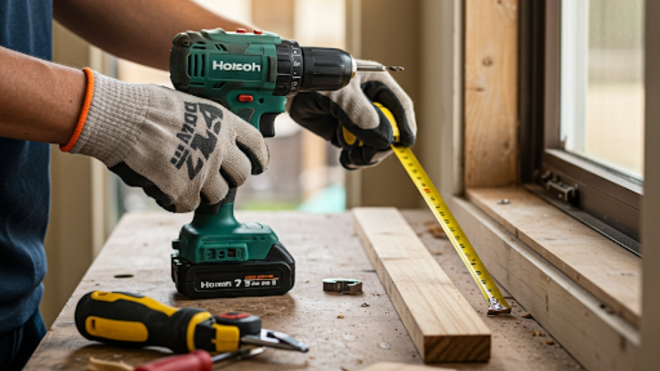 Gloved hands restoring a weather-damaged wood window frame with tools on a workbench in a sunny Houston home