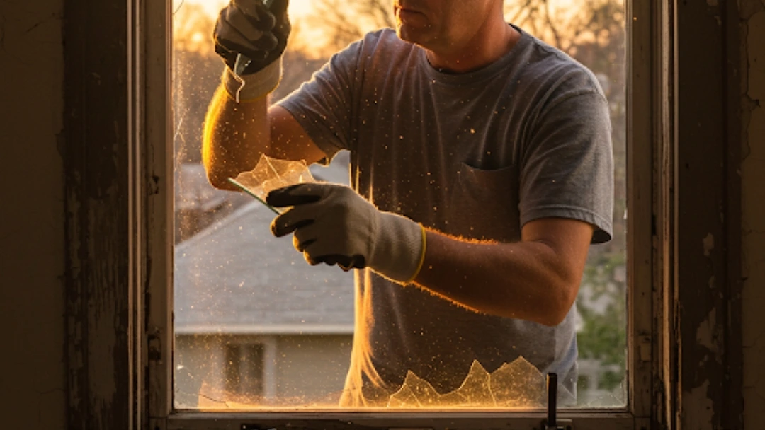 Houston homeowner carefully removing broken glass from a single pane window