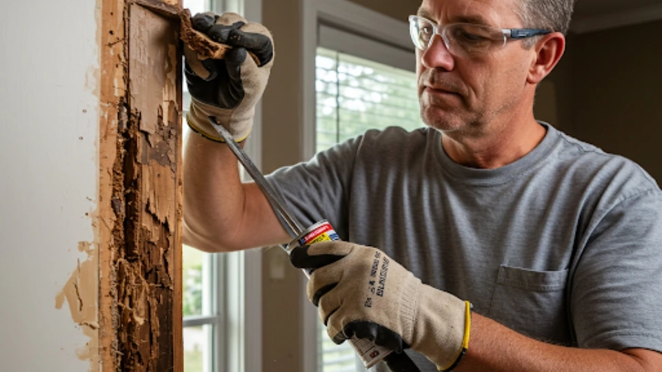 Houston homeowner carefully removing rotted wood from door jamb and applying wood hardener during DIY repair process