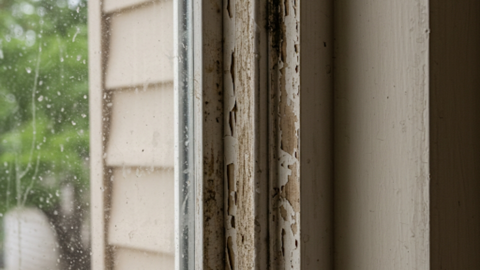 Gloved hands restoring a weather-damaged wood window frame with tools on a workbench in a sunny Houston home