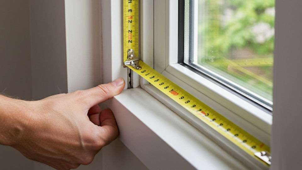 Measuring the width of a window frame at three points top, middle, and bottom, to ensure accurate replacement measurements.