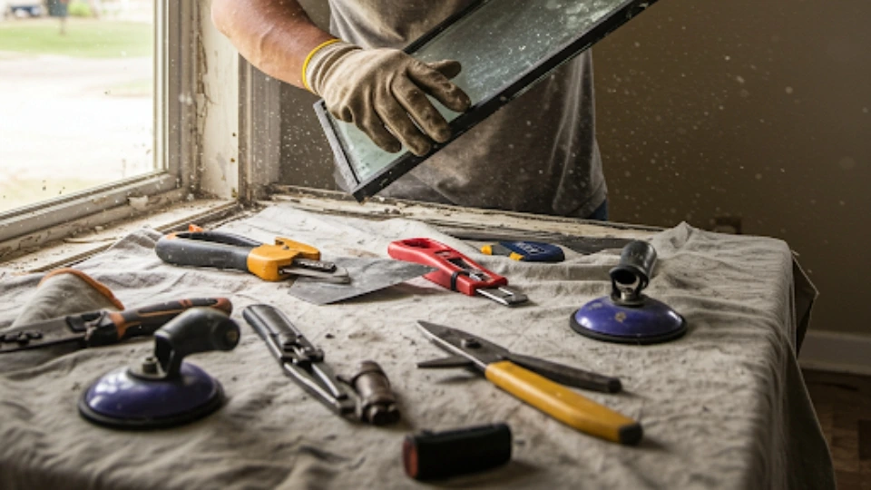 Professional replacing broken window glass in a Houston home with tools laid out
