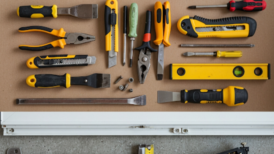 Side-by-side comparison of DIY tools and professional window replacement equipment static for window repair