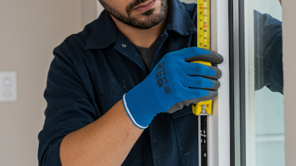 Technician measuring a window frame before glass installation