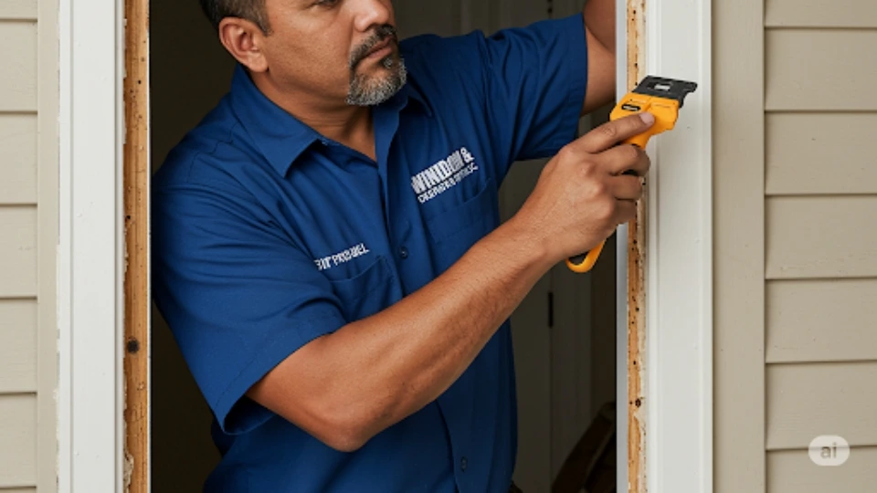 Windows and Doors Repair LLC technician performing comprehensive door jamb replacement on a Houston home with specialized tools and materials