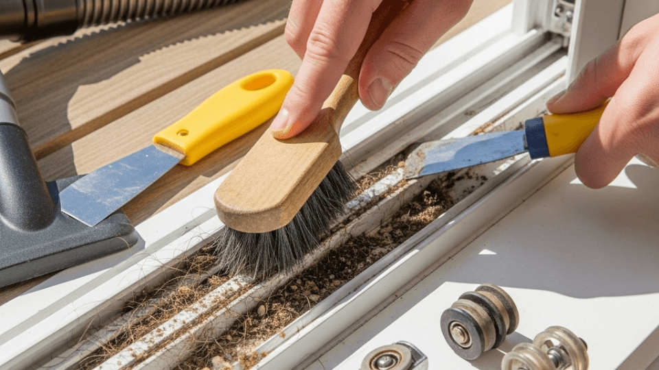 Close-up view of a hand cleaning a sliding glass door track with a stiff brush, showing debris, a vacuum hose, and a putty knife nearby.