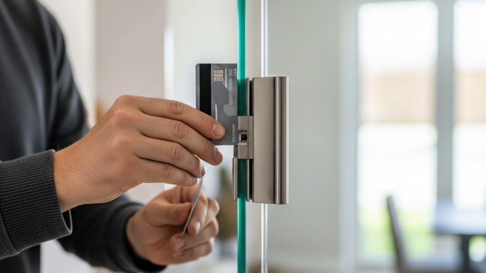 Credit card test used to check door gap alignment after sliding glass door roller replacement