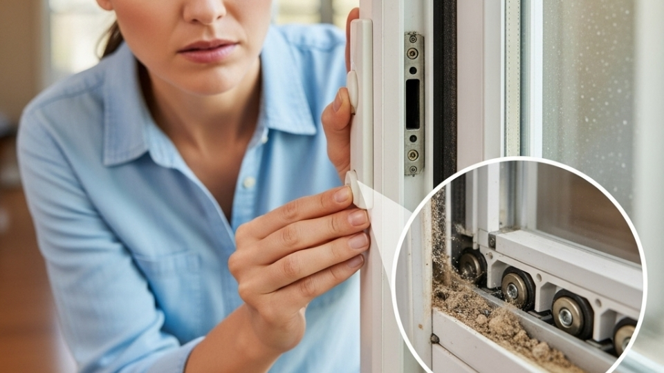 Essential DIY tools for sliding glass door repair, including screwdrivers, pliers, lubricant, and weatherstripping, arranged on a workbench.