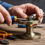 Hand repairing a spinning door handle with tools laid out on a workbench qbout How to Repair Door Handle