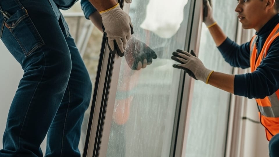 Homeowner lifting sliding glass door with help to remove it safely from track