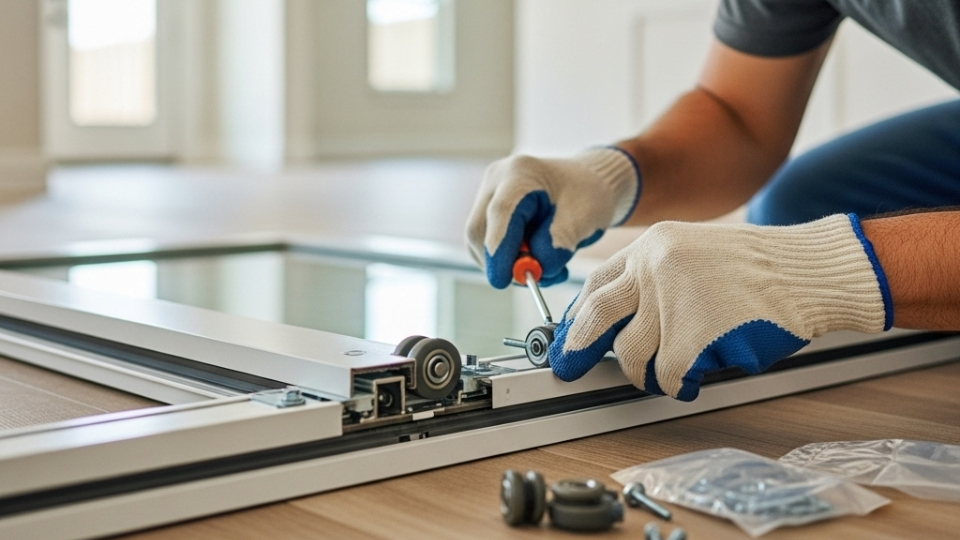 Local San Antonio sliding glass door repair technician shaking hands with a homeowner outside a suburban house.