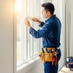 San Antonio homeowner examining a stuck sSliding Glass Door Repair Near Me with visible debris in the track and worn-out rollers.