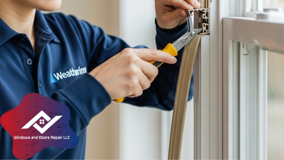 A clean, close-up shot of a technician from your company installing new, high-quality window weatherstripping into the window frame.
