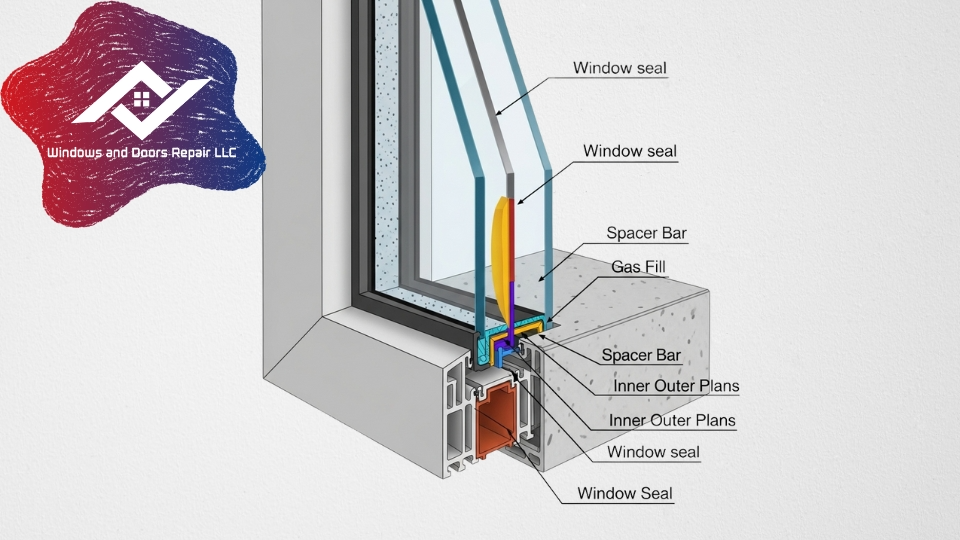 A detailed, high-quality diagram showing a cross-section of a double-pane window, with the window seal clearly labeled and highlighted.