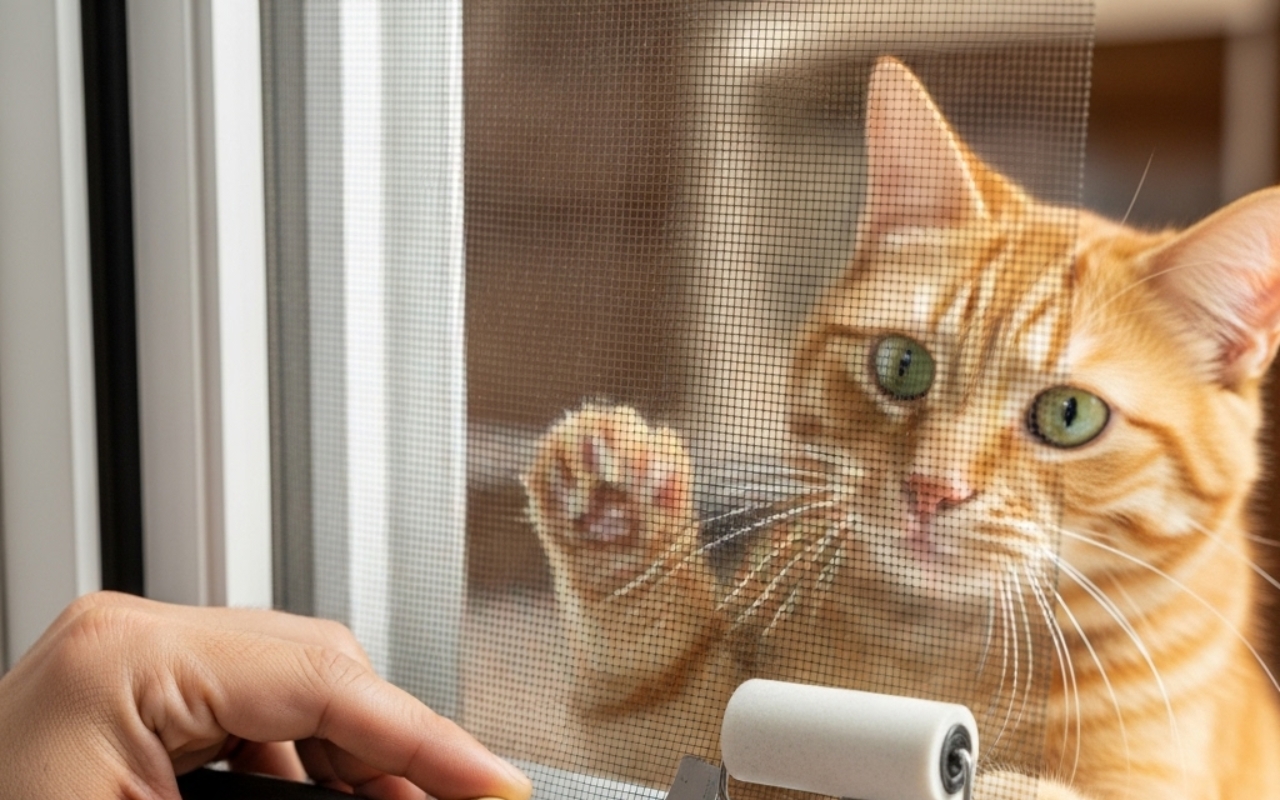 Close-up of vinyl-coated polyester pet screen being installed in Houston – durable claw-resistant mesh ideal for dogs and cats