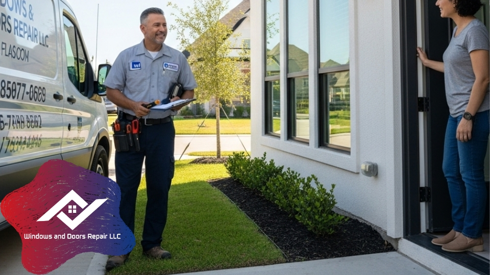 Houston window technician arriving at a local home for double pane window repair service in Sugar Land or Katy.