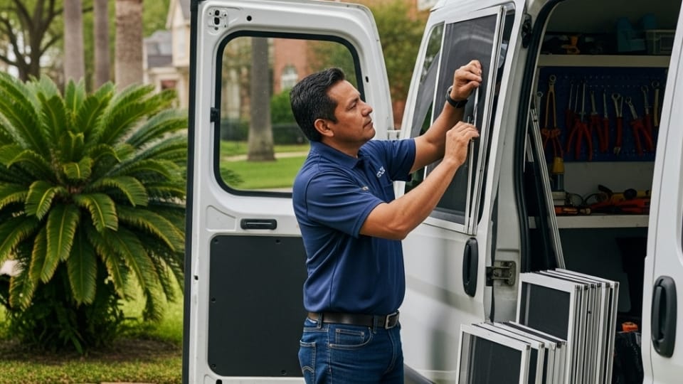 Close-up of a technician using a spline roller to install a new window screen during a mobile repair visit in a Houston home