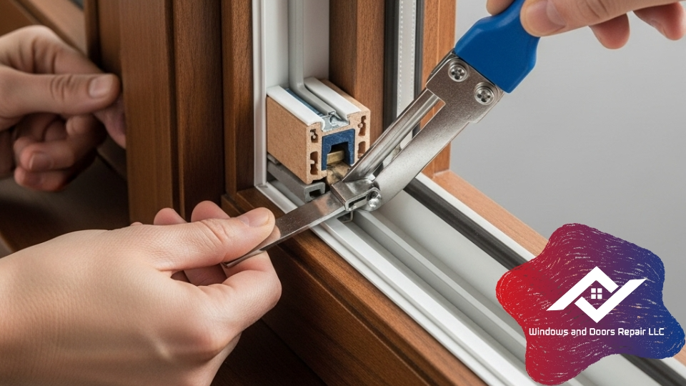 Professional weatherstripping double hung windows in Houston with precise seal along sash and meeting rail.