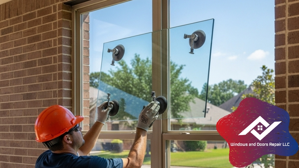 Technician performing double-pane window glass replacement in a Houston home, restoring clarity and energy efficiency.