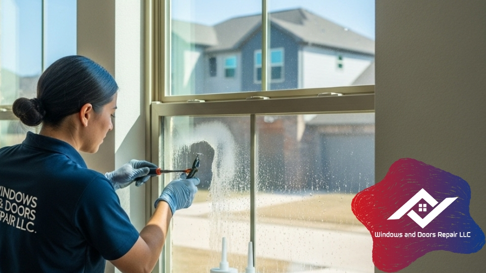 Technician repairing a double pane window with failed seal in a Houston home using argon gas and professional-grade tools.