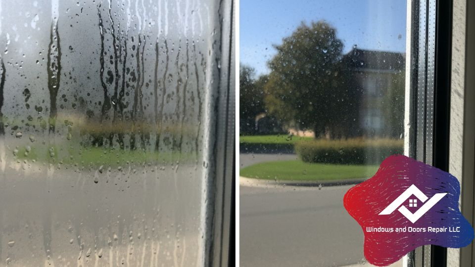 The left side shows a foggy window with condensation dripping down the inside. The right side shows the exact same window, now crystal clear after Window Seals Replacement service .