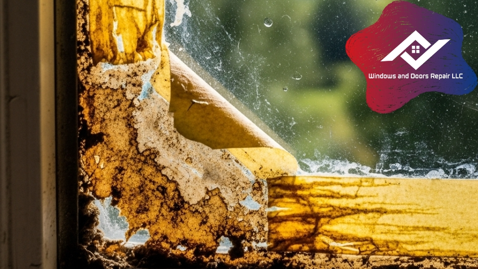 Window sealing tape peeling from glass due to Houston humidity and sun exposure.