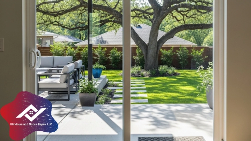 A beautiful, clean sliding glass patio door providing a clear view of an Austin backyard.
