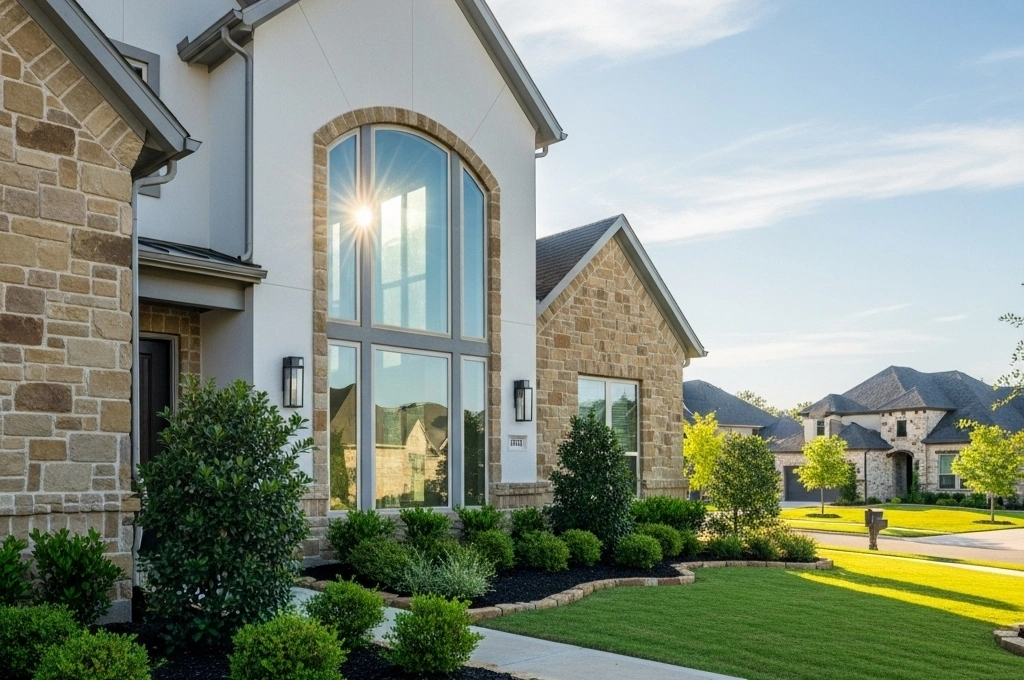 A beautiful, modern stucco and stone home in a neighborhood like Stone Oak, with sunlight shining brightly through a large, crystal-clear arched window.