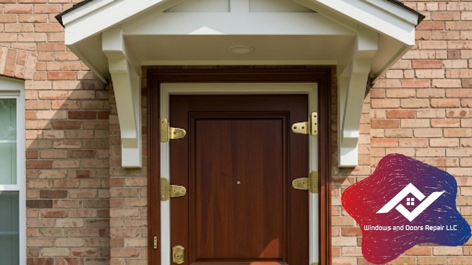 A beautiful residential front door repair austin on an Austin home, showcasing its perfect alignment and secure hardware after repair.